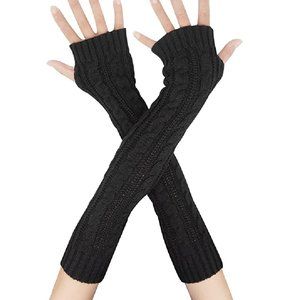 Long Black Cable Knit Fingerless Gloves Arm Warmers 17.7 inches long NWT